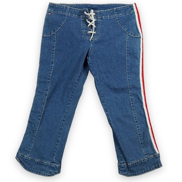 Tommy Hilfiger Jeans Womens 13 Blue Crop Pant Capris Wide Leg Y2K Tie Front 60's - Picture 1 of 13